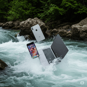 macbook et iphone café renversé, tombé dans l'eau