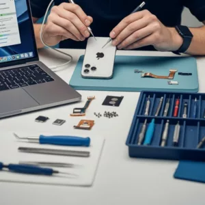 Technicien Apple certifié à Paris effectuant une restauration iOS sur iPhone 13 bloqué, atelier professionnel Connected Paris, service express et réparation durable