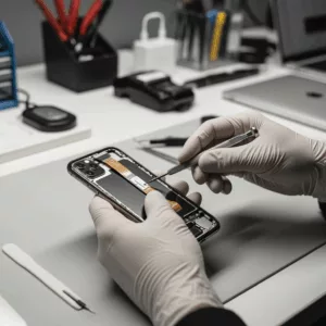 Restauration iOS iPhone 11, mains technicien, Paris.