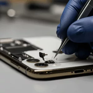 Main gantée remplaçant le verre de protection de la caméra arrière d’un iPhone 11 avec un outil de précision, en atelier de réparation.