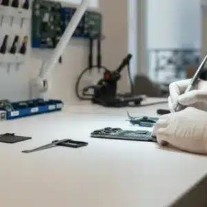 atelier réparation carte mère iPhone 14 Pro à Paris, technicien certifié mains en action, service express et professionnel, outils Apple sur établi