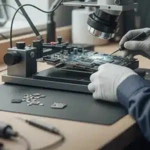 Atelier de réparation carte mère iPhone 14 Pro Max à Paris , technicien professionnel, ambiance moderne