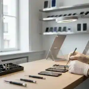 Réparation carte mère iPhone 15 Plus à Paris dans un atelier professionnel, technicien manipulant la carte mère avec des outils de précision.