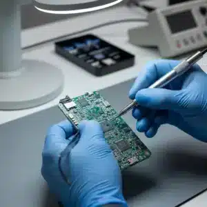 Réparation carte mère iPhone 14 en atelier à Paris – gros plan sur les mains gantées d’un technicien utilisant des outils de micro-soudure, ambiance professionnelle et propre.